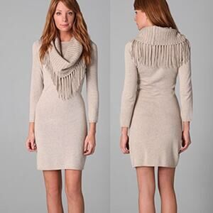 Alice + Olivia Tan Knit Cashmere Blend Fringe Scarf Long Sleeve Sweater Dress